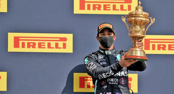 2020 British GP, Lewis Hamilton holds victory trophy, dailycarblog