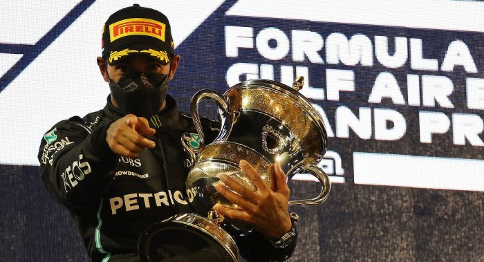 2021 Bahrain Grand Prix - Lewis Hamilton Holding Trophy